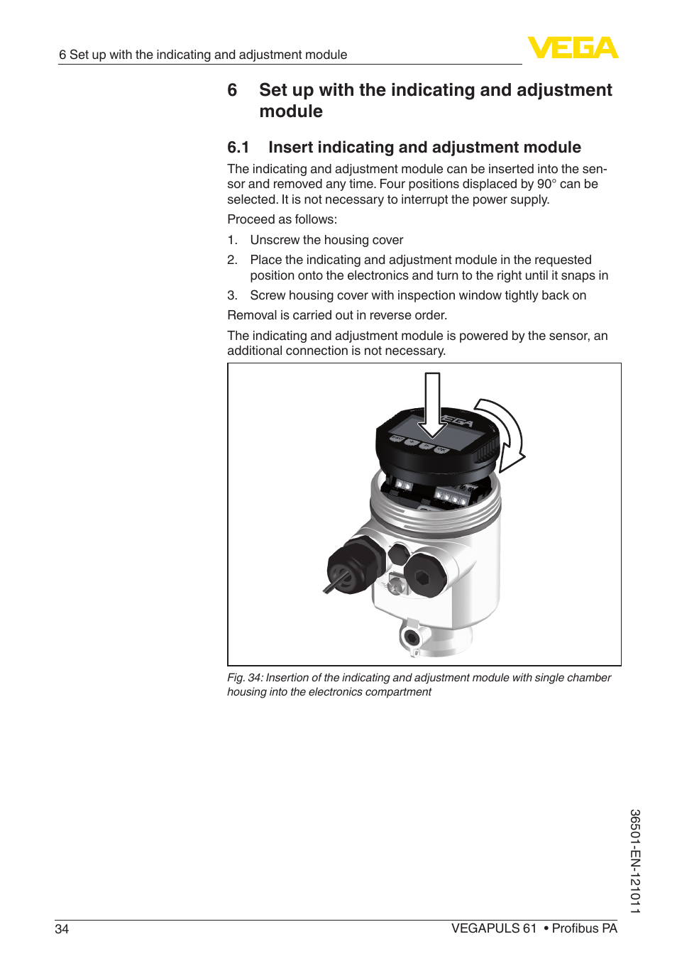 6 set up with the indicating and adjustment module, 1 insert indicating and adjustment module | VEGA VEGAPULS 61 (≥ 2.0.0 - ≥ 4.0.0) Profibus PA User Manual | Page 34 / 88