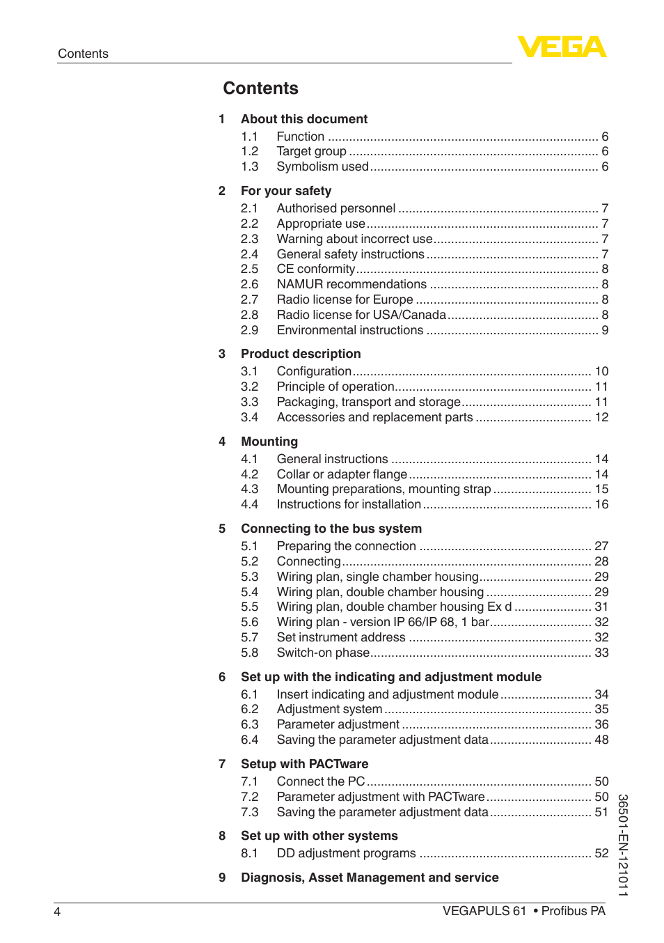 VEGA VEGAPULS 61 (≥ 2.0.0 - ≥ 4.0.0) Profibus PA User Manual | Page 4 / 88