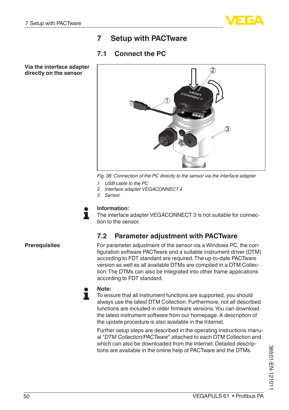 7 setup with pactware, 1 connect the pc, 2 parameter adjustment with pactware | VEGA VEGAPULS 61 (≥ 2.0.0 - ≥ 4.0.0) Profibus PA User Manual | Page 50 / 88