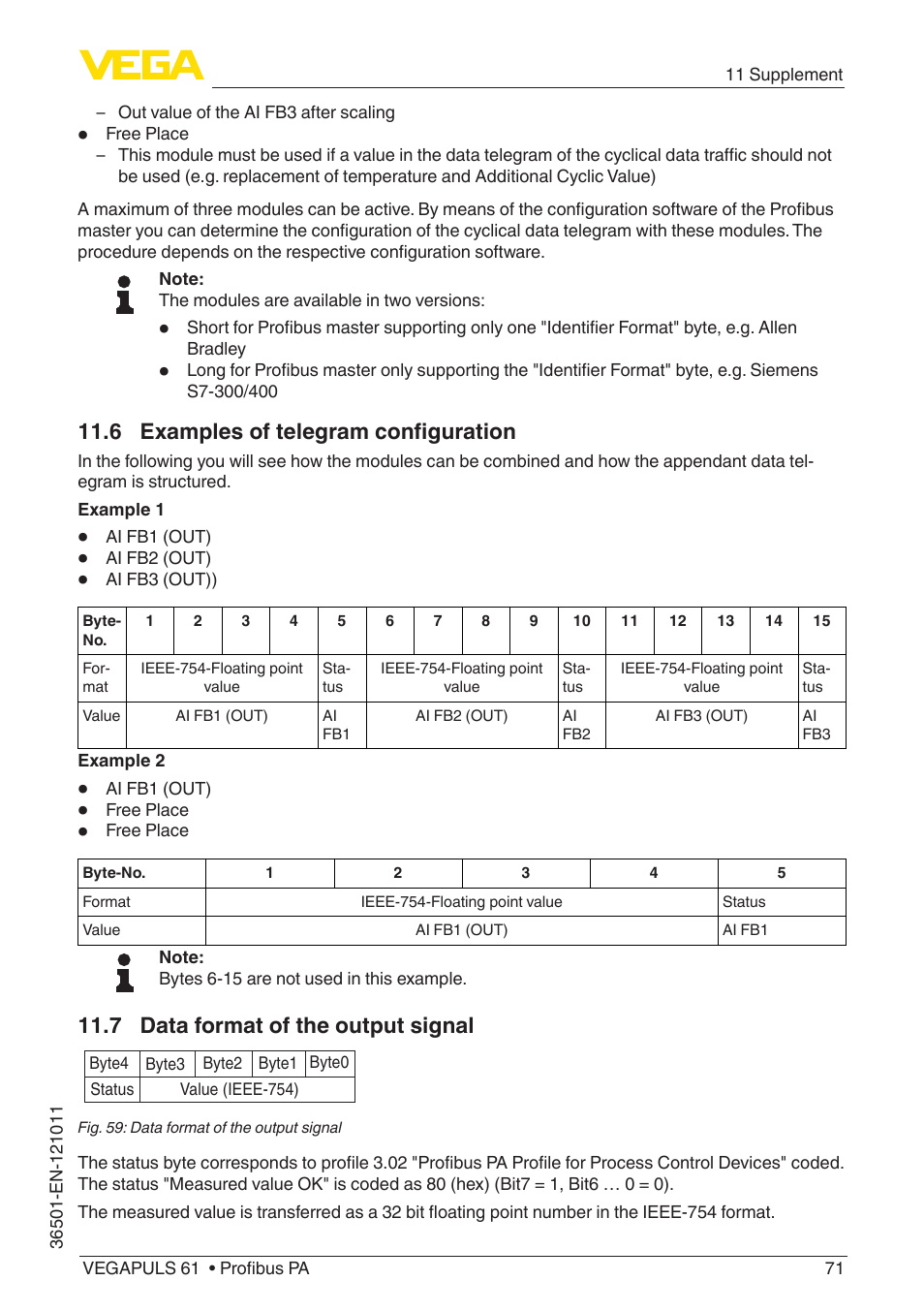 6 examples of telegram configuration, 7 data format of the output signal | VEGA VEGAPULS 61 (≥ 2.0.0 - ≥ 4.0.0) Profibus PA User Manual | Page 71 / 88