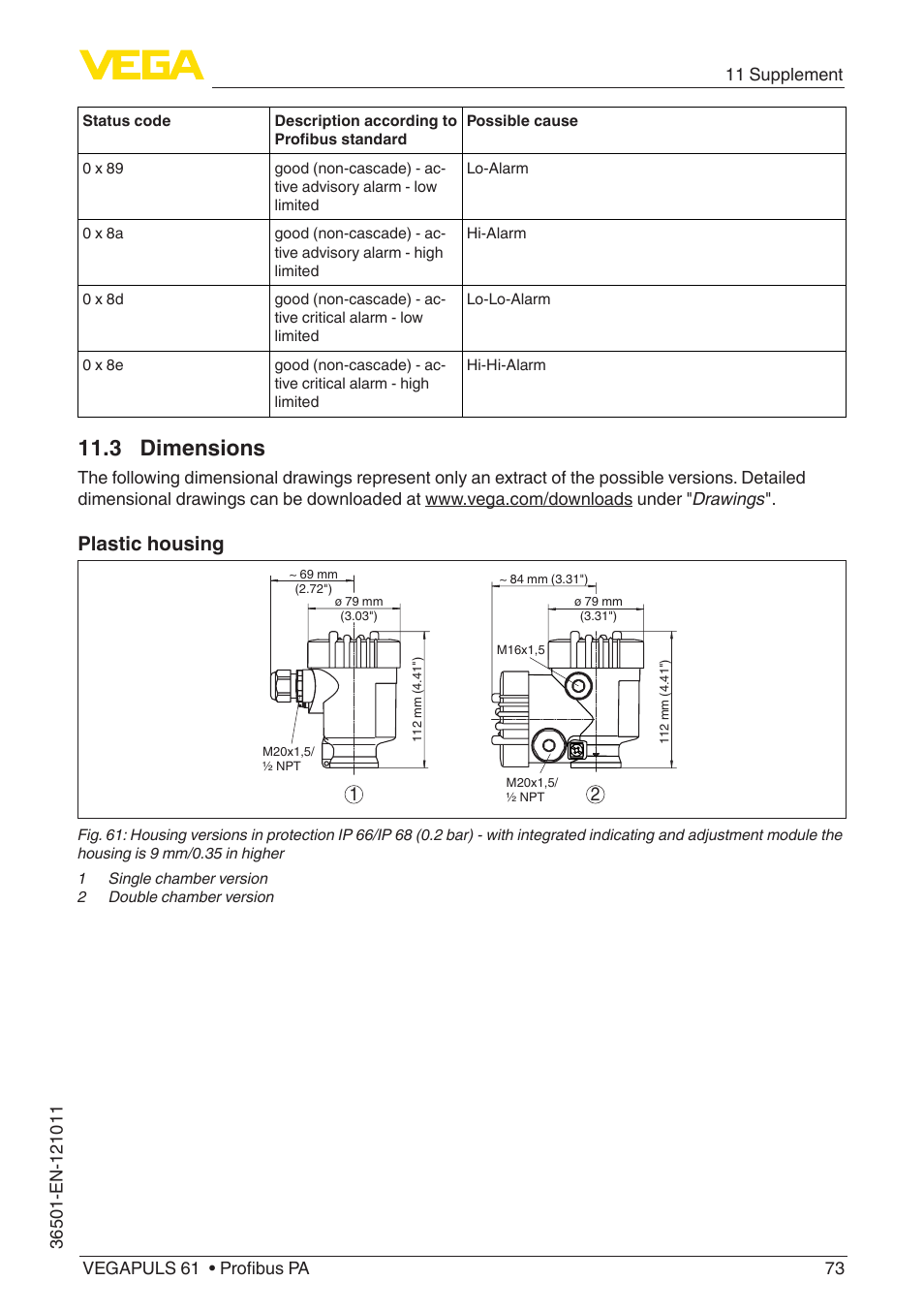 3 dimensions, Plastic housing | VEGA VEGAPULS 61 (≥ 2.0.0 - ≥ 4.0.0) Profibus PA User Manual | Page 73 / 88