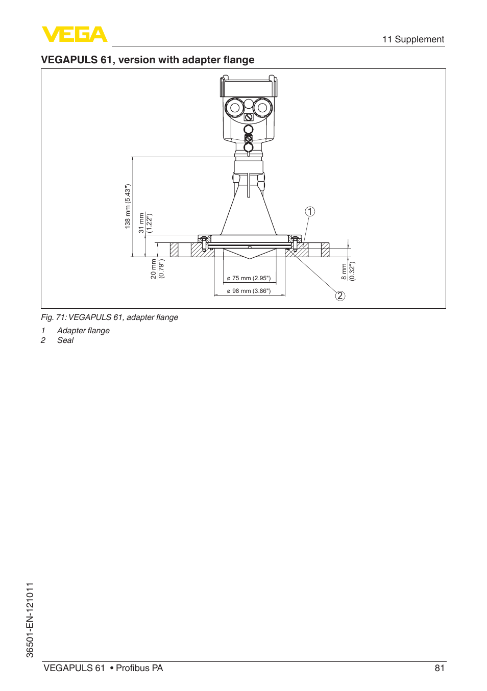 Vegapuls 61, version with adapter flange | VEGA VEGAPULS 61 (≥ 2.0.0 - ≥ 4.0.0) Profibus PA User Manual | Page 81 / 88