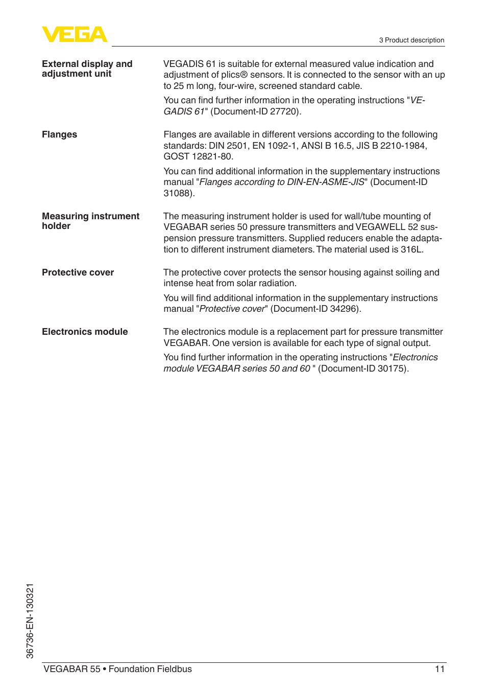 VEGA VEGABAR 55 Foundation Fieldbus User Manual | Page 11 / 68