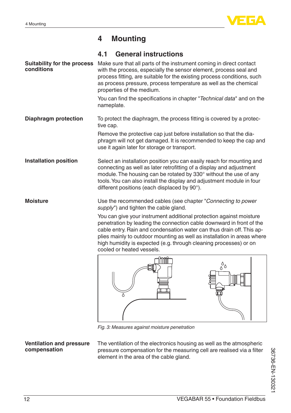 4 mounting, 1 general instructions | VEGA VEGABAR 55 Foundation Fieldbus User Manual | Page 12 / 68