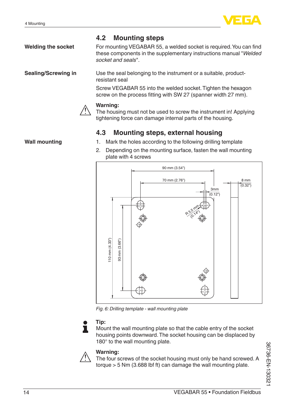 2 mounting steps, 3 mounting steps, external housing | VEGA VEGABAR 55 Foundation Fieldbus User Manual | Page 14 / 68