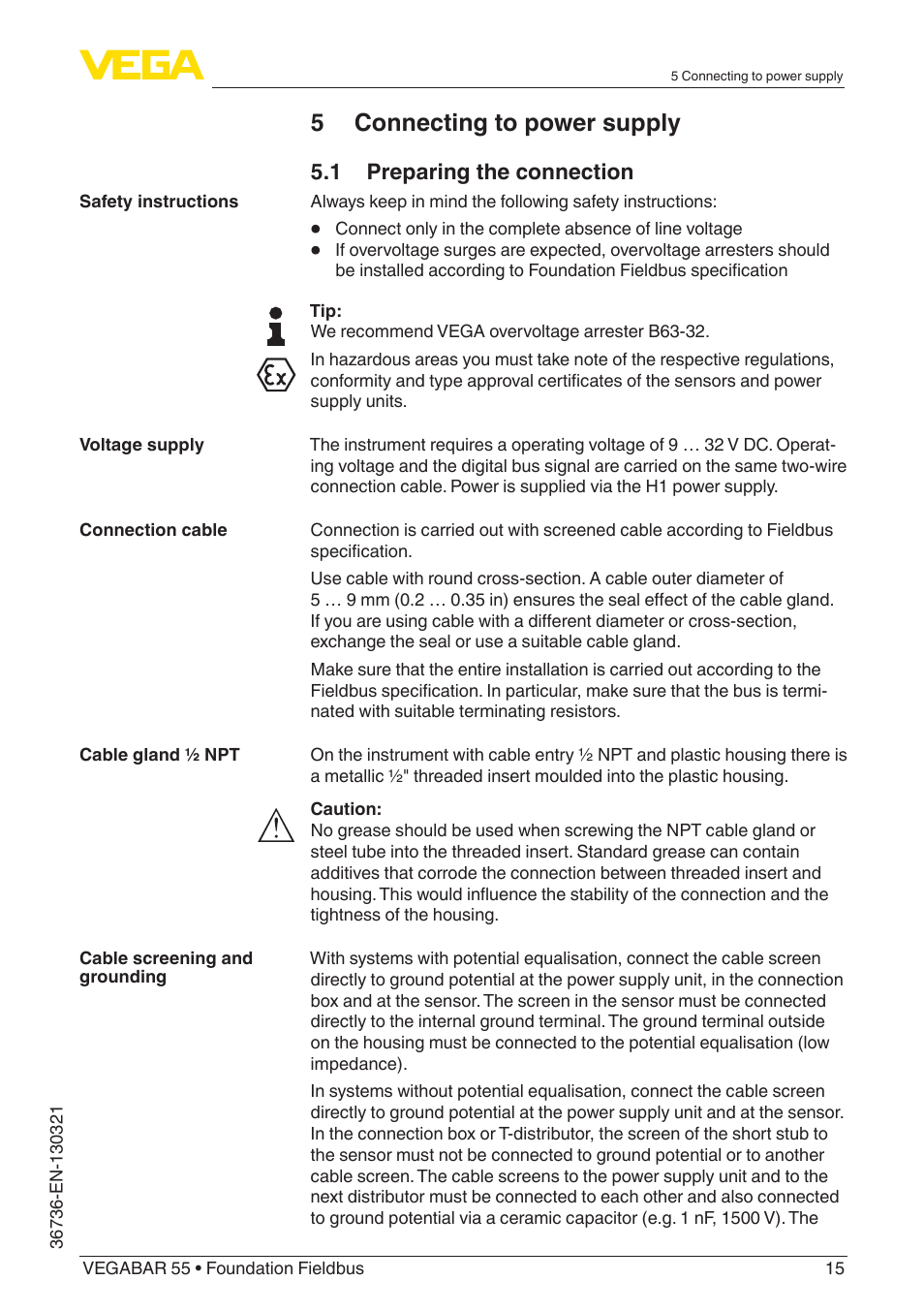 5 connecting to power supply, 1 preparing the connection | VEGA VEGABAR 55 Foundation Fieldbus User Manual | Page 15 / 68