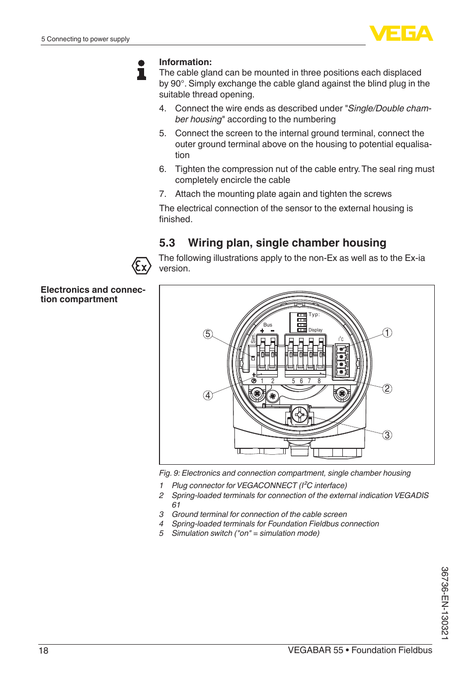 3 wiring plan, single chamber housing | VEGA VEGABAR 55 Foundation Fieldbus User Manual | Page 18 / 68