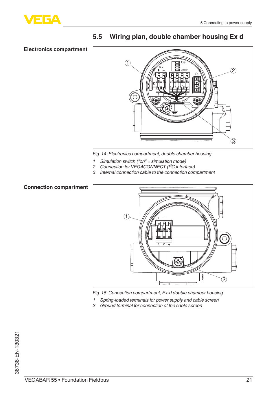 5 wiring plan, double chamber housing ex d | VEGA VEGABAR 55 Foundation Fieldbus User Manual | Page 21 / 68