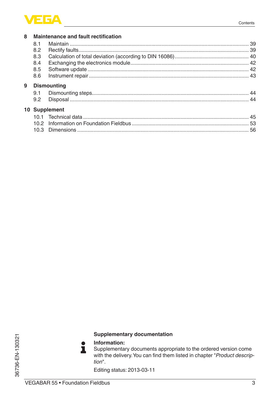 VEGA VEGABAR 55 Foundation Fieldbus User Manual | Page 3 / 68