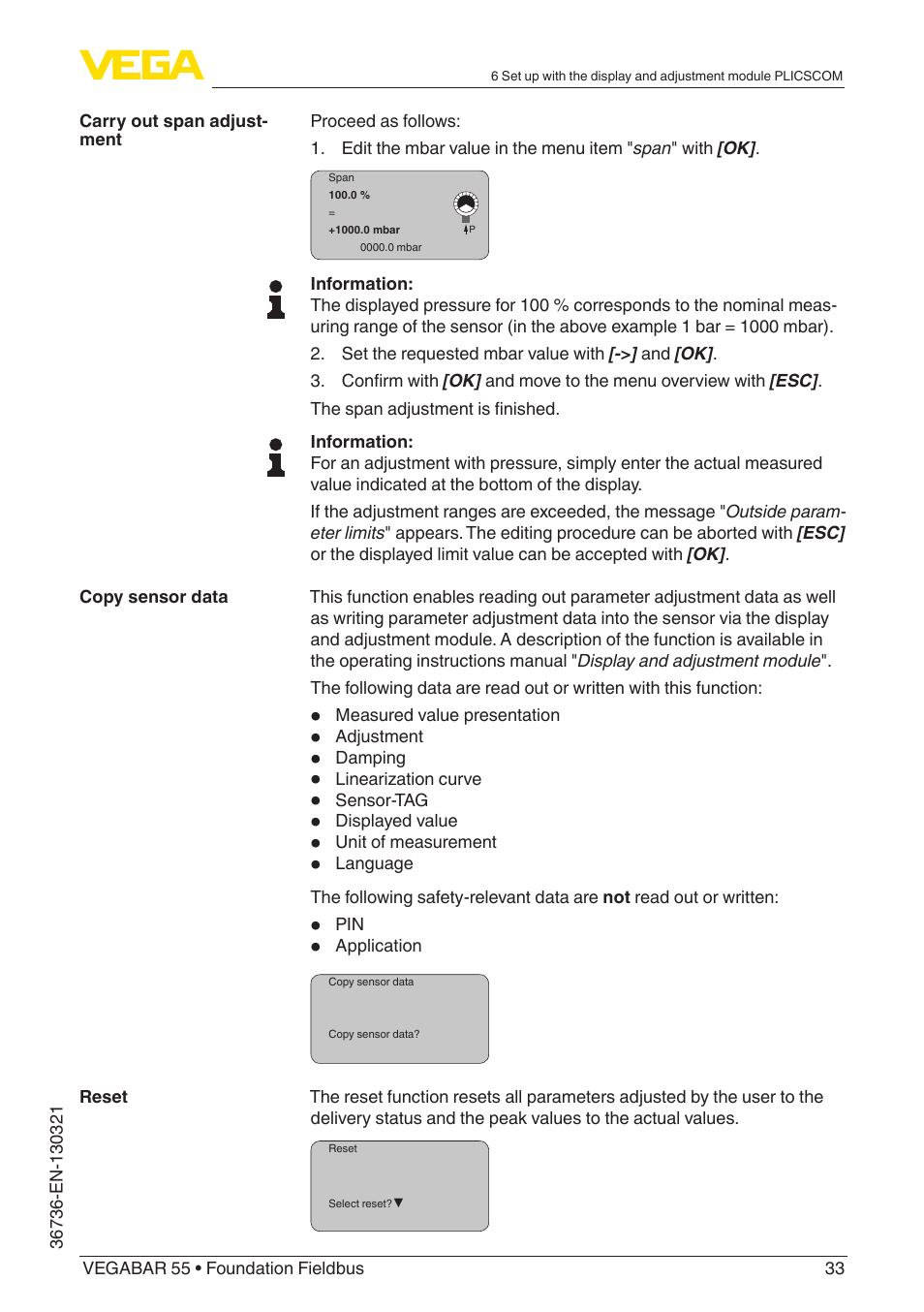 VEGA VEGABAR 55 Foundation Fieldbus User Manual | Page 33 / 68