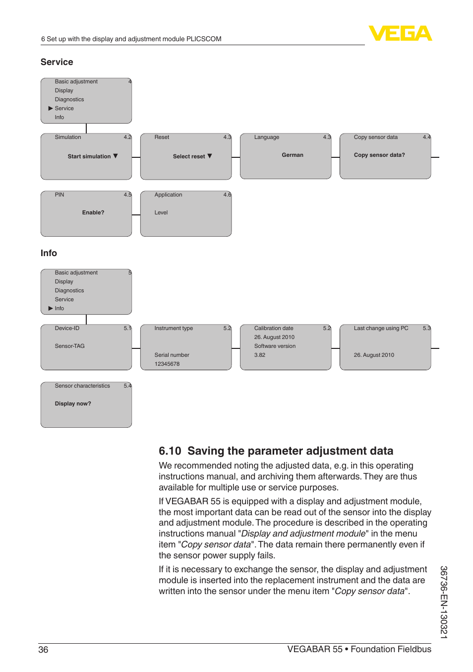 10 saving the parameter adjustment data, Info | VEGA VEGABAR 55 Foundation Fieldbus User Manual | Page 36 / 68