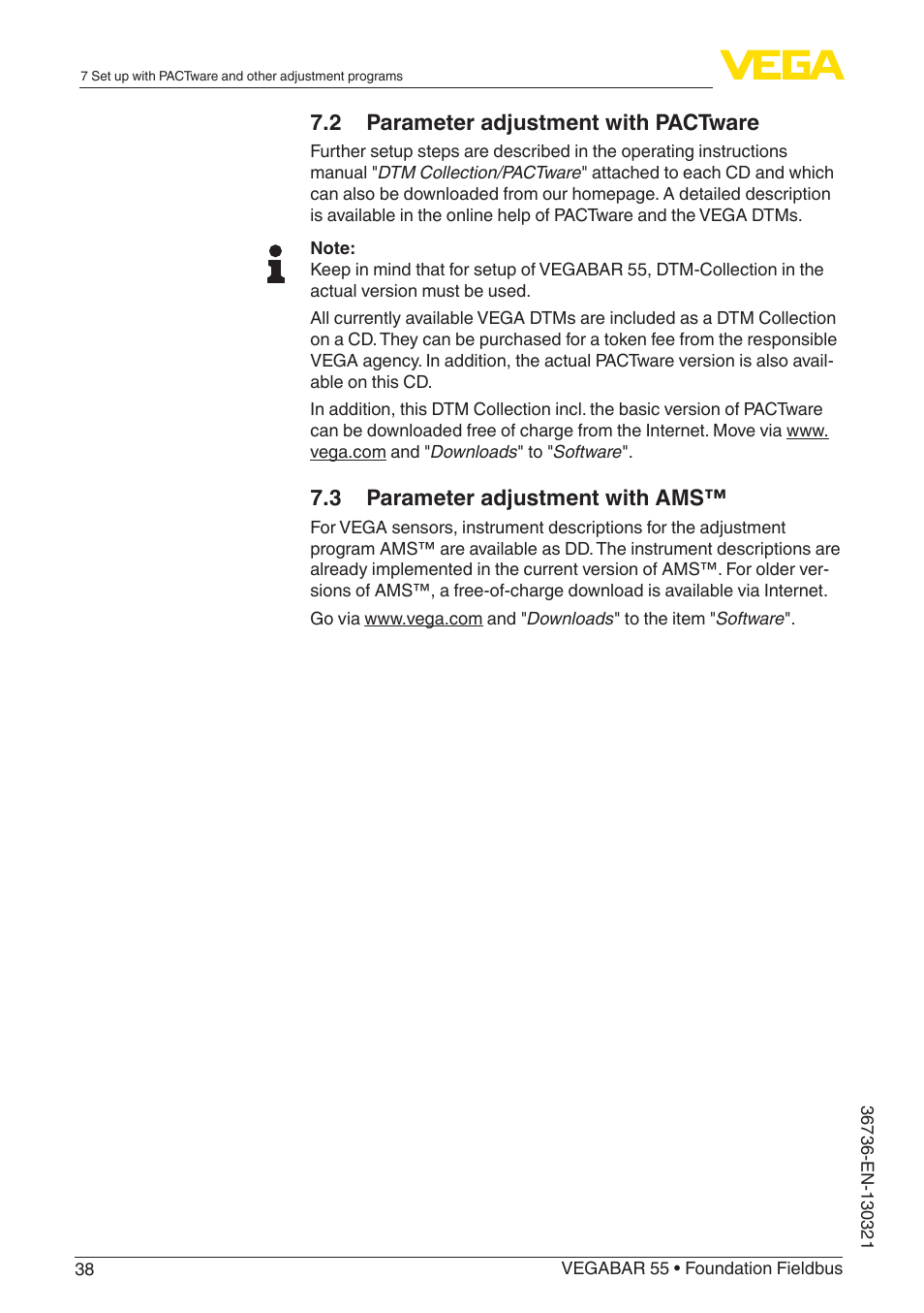 2 parameter adjustment with pactware, 3 parameter adjustment with ams | VEGA VEGABAR 55 Foundation Fieldbus User Manual | Page 38 / 68