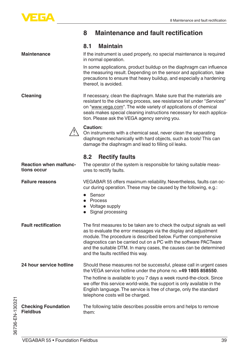 8 maintenance and fault rectification | VEGA VEGABAR 55 Foundation Fieldbus User Manual | Page 39 / 68