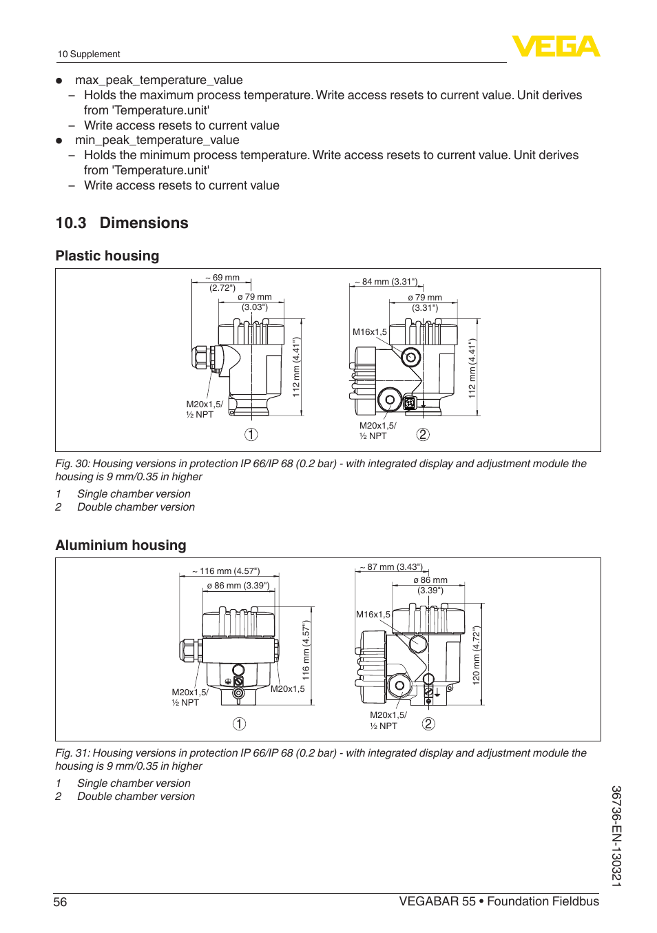 3 dimensions, Plastic housing, Aluminium housing | VEGA VEGABAR 55 Foundation Fieldbus User Manual | Page 56 / 68