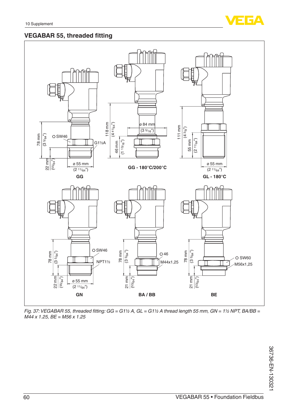 Vegabar 55, threaded fitting | VEGA VEGABAR 55 Foundation Fieldbus User Manual | Page 60 / 68