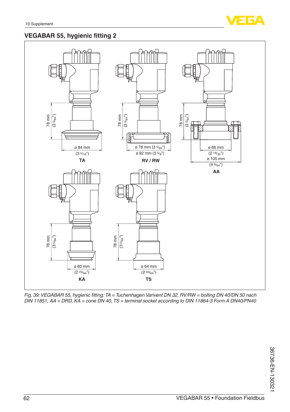 Vegabar 55, hygienic fitting 2 | VEGA VEGABAR 55 Foundation Fieldbus User Manual | Page 62 / 68