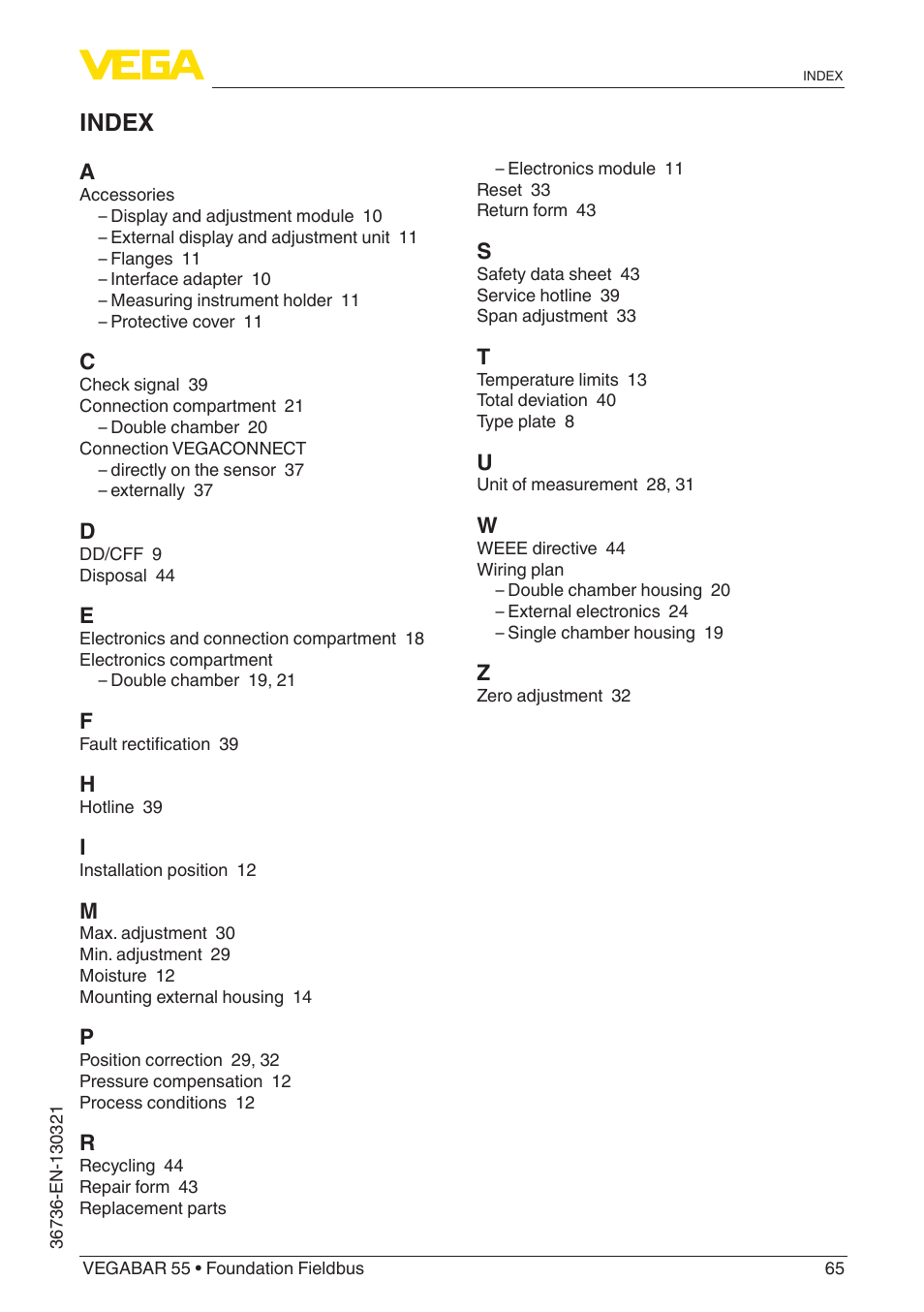 Index | VEGA VEGABAR 55 Foundation Fieldbus User Manual | Page 65 / 68