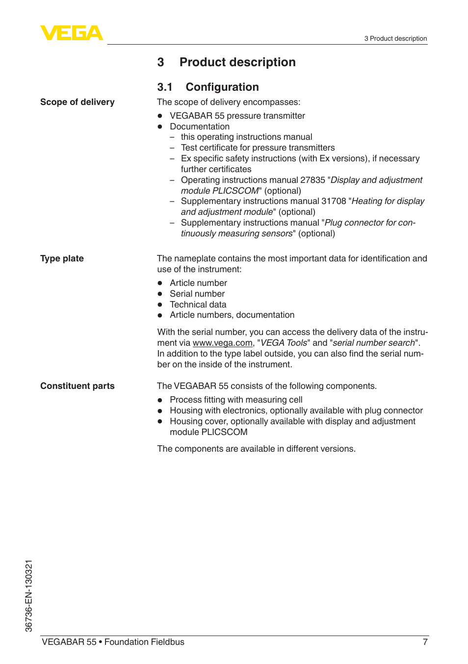 3 product description | VEGA VEGABAR 55 Foundation Fieldbus User Manual | Page 7 / 68
