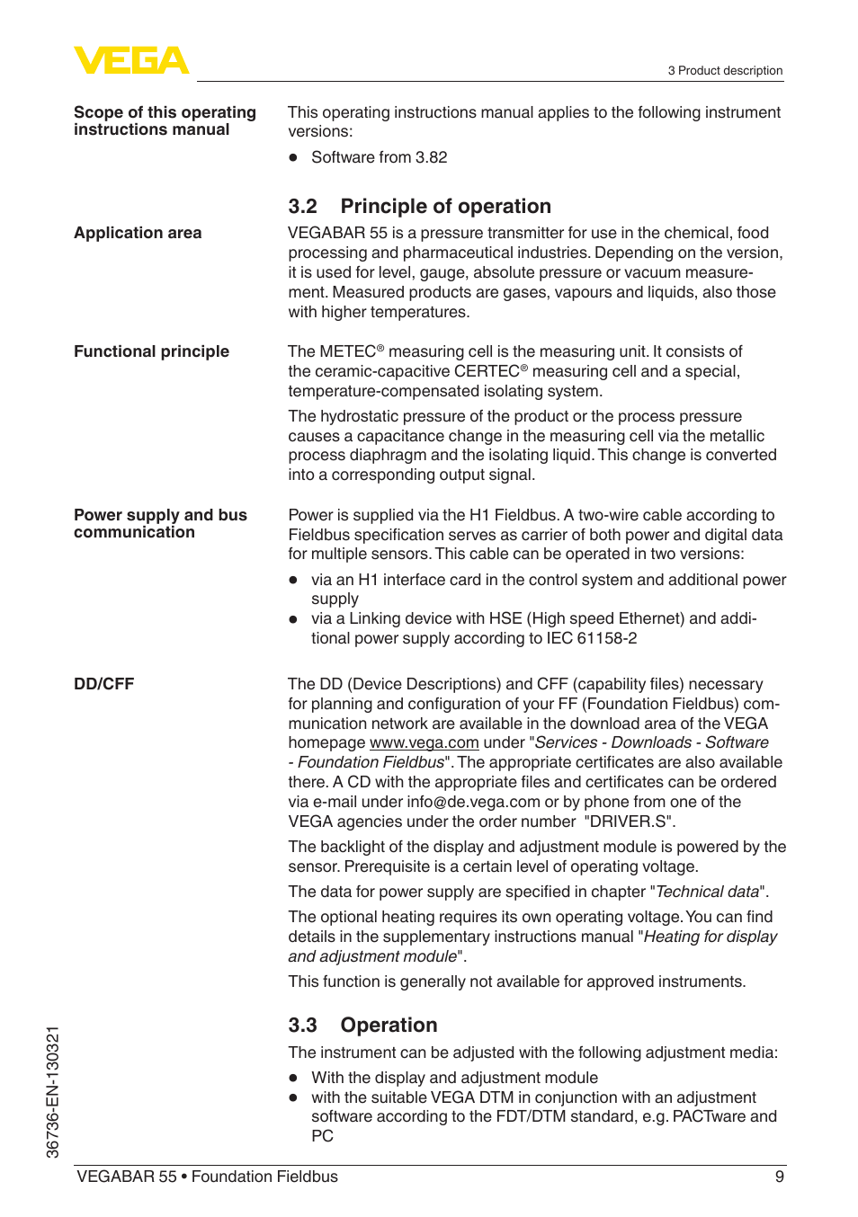 2 principle of operation, 3 operation | VEGA VEGABAR 55 Foundation Fieldbus User Manual | Page 9 / 68