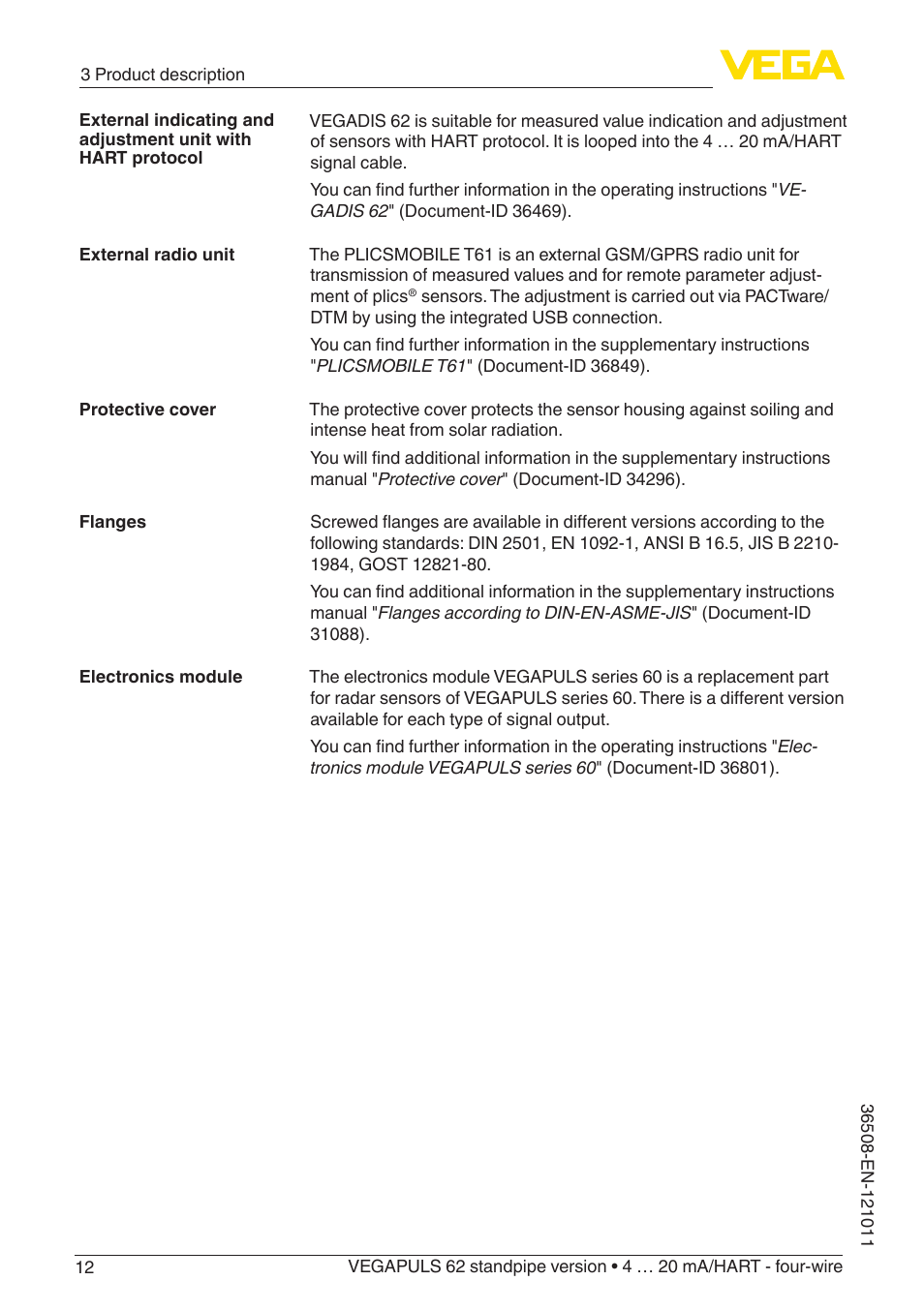 VEGA VEGAPULS 62 (≥ 2.0.0 - ≥ 4.0.0) standpipe ver. 4 … 20 mA_HART - four-wire User Manual | Page 12 / 56