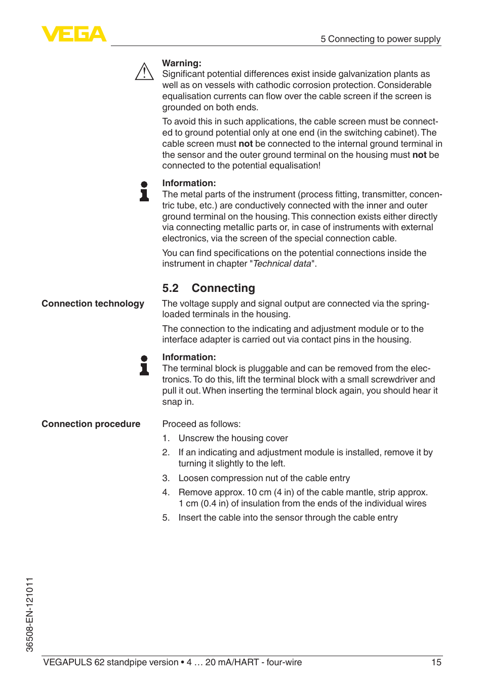 2 connecting | VEGA VEGAPULS 62 (≥ 2.0.0 - ≥ 4.0.0) standpipe ver. 4 … 20 mA_HART - four-wire User Manual | Page 15 / 56