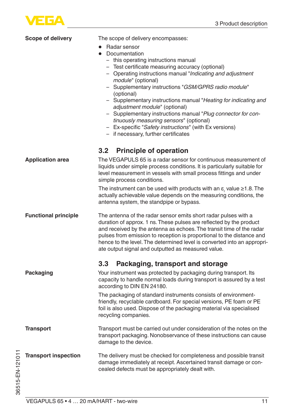 2 principle of operation, 3 packaging, transport and storage | VEGA VEGAPULS 65 (≥ 2.0.0 - ≥ 4.0.0) 4 … 20 mA_HART - two-wire User Manual | Page 11 / 72