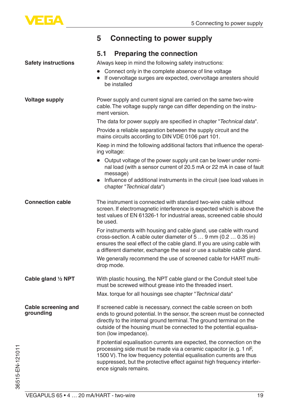 5 connecting to power supply, 1 preparing the connection | VEGA VEGAPULS 65 (≥ 2.0.0 - ≥ 4.0.0) 4 … 20 mA_HART - two-wire User Manual | Page 19 / 72