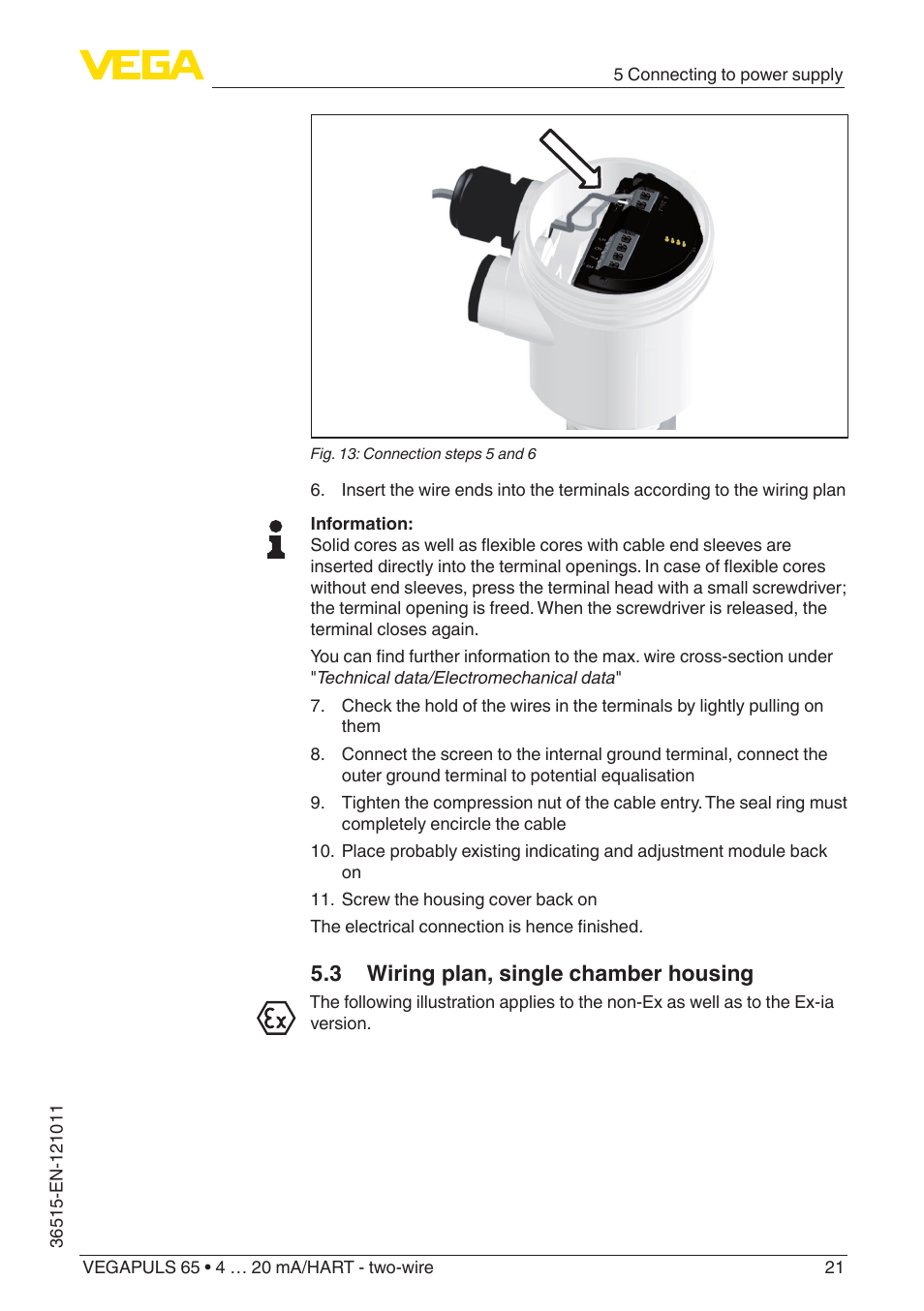 3 wiring plan, single chamber housing | VEGA VEGAPULS 65 (≥ 2.0.0 - ≥ 4.0.0) 4 … 20 mA_HART - two-wire User Manual | Page 21 / 72