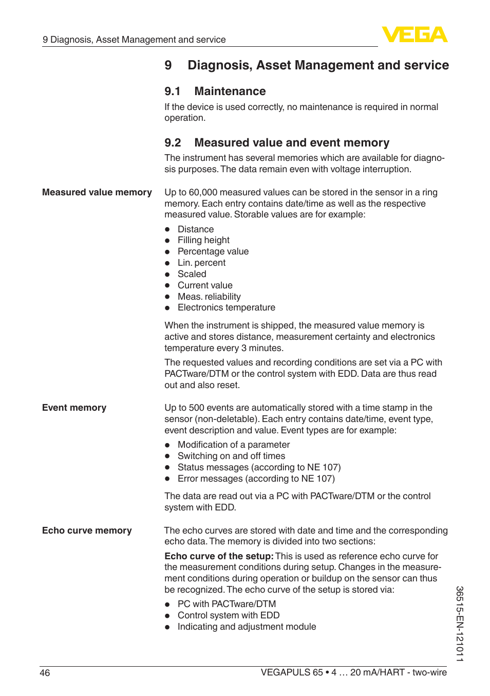 9 diagnosis, asset management and service, 1 maintenance, 2 measured value and event memory | VEGA VEGAPULS 65 (≥ 2.0.0 - ≥ 4.0.0) 4 … 20 mA_HART - two-wire User Manual | Page 46 / 72