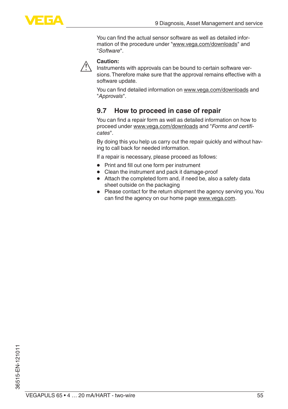 7 how to proceed in case of repair | VEGA VEGAPULS 65 (≥ 2.0.0 - ≥ 4.0.0) 4 … 20 mA_HART - two-wire User Manual | Page 55 / 72