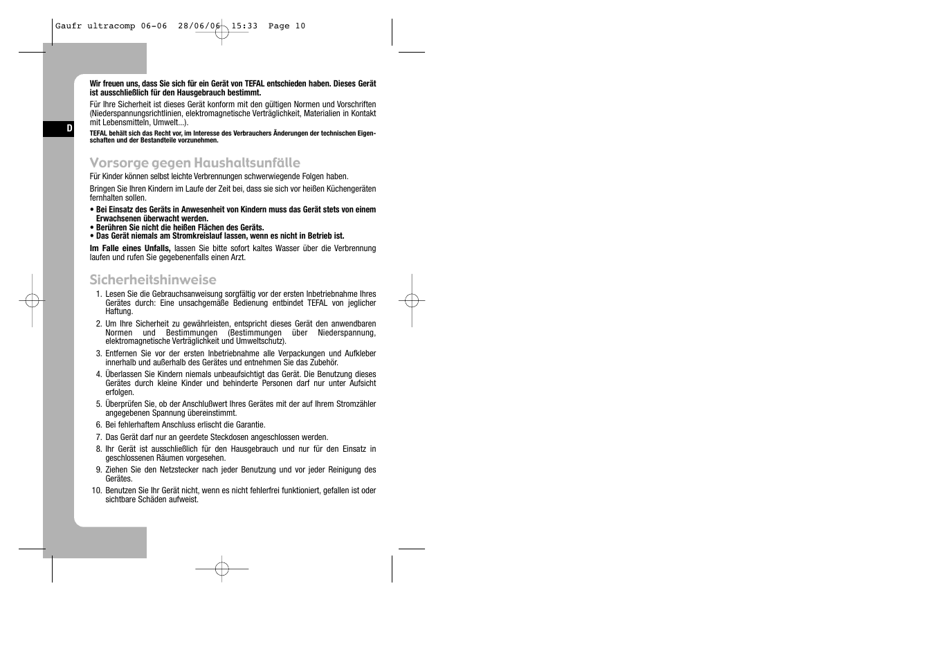 German, Vorsorge gegen haushaltsunfälle, Sicherheitshinweise | Tefal WD 300034 ULTRACOMPACT User Manual | Page 10 / 71