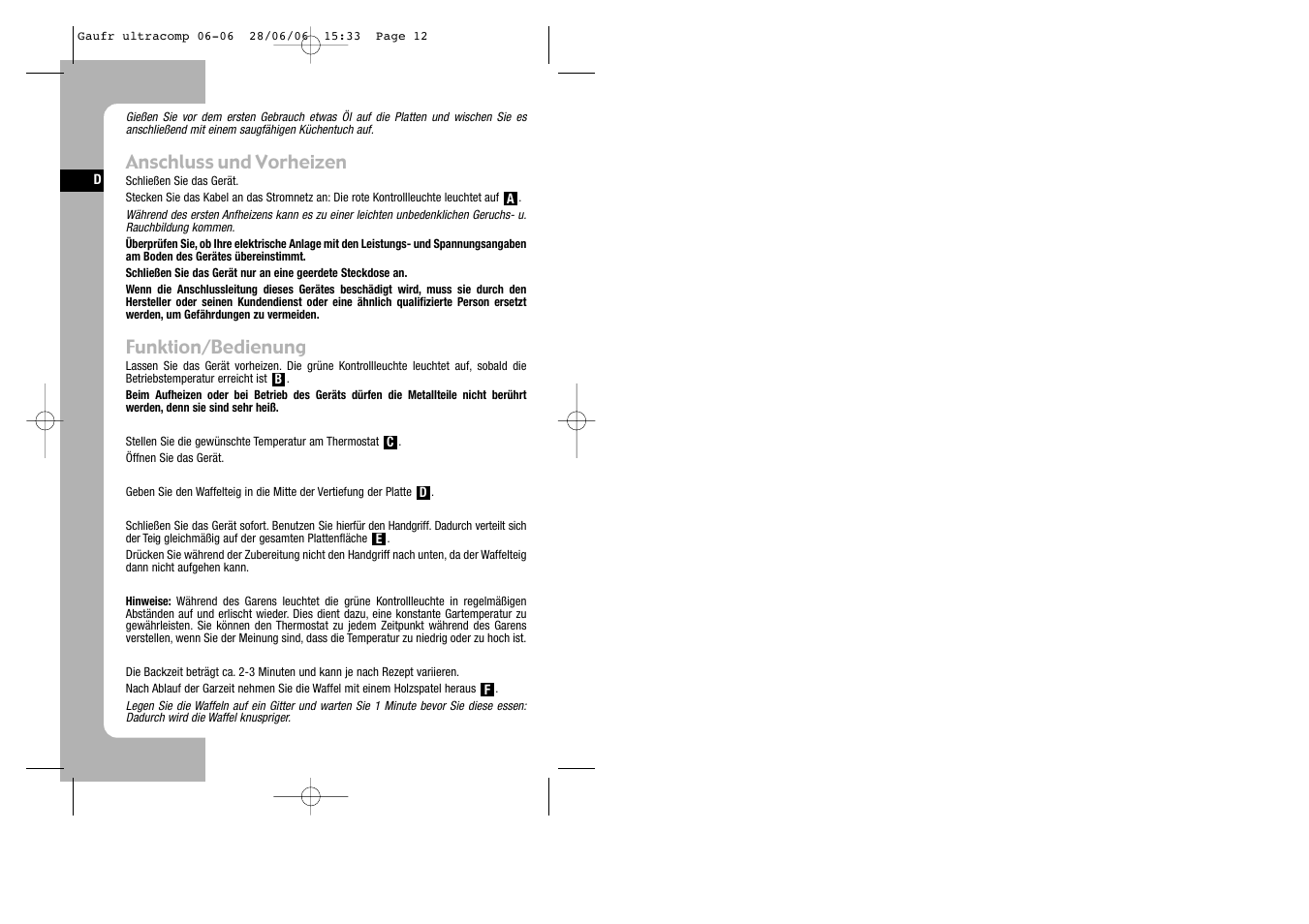 Anschluss und vorheizen, Funktion/bedienung | Tefal WD 300034 ULTRACOMPACT User Manual | Page 12 / 71