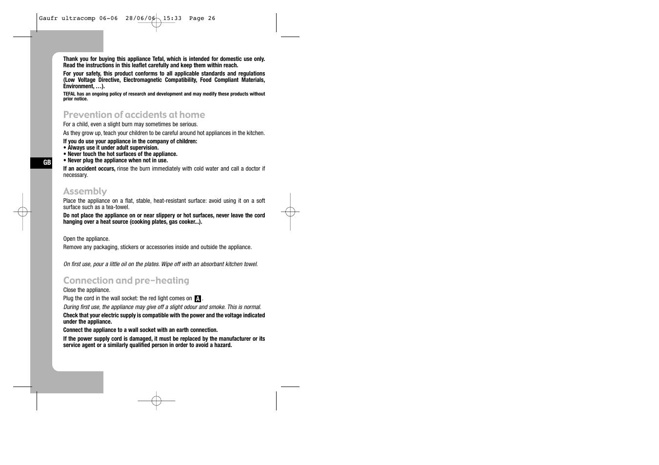 English, Prevention of accidents at home, Assembly | Connection and pre-heating | Tefal WD 300034 ULTRACOMPACT User Manual | Page 26 / 71