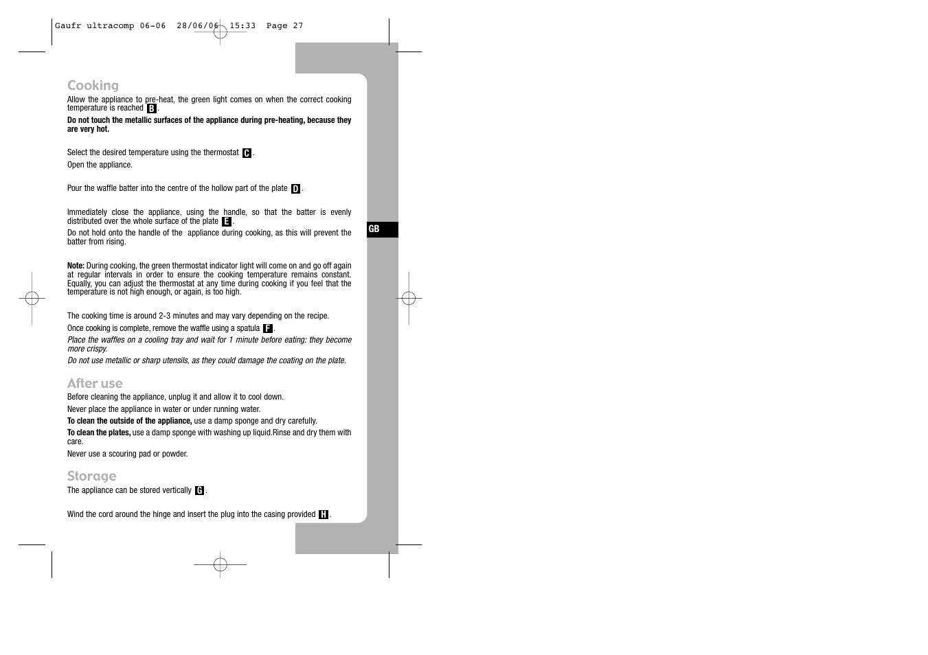 Cooking, After use, Storage | Tefal WD 300034 ULTRACOMPACT User Manual | Page 27 / 71