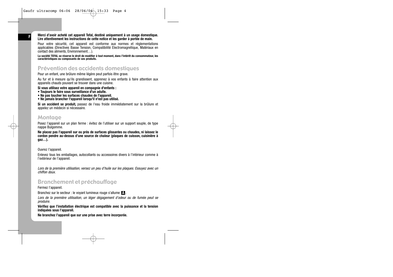 French, Prévention des accidents domestiques, Montage | Branchement et préchauffage | Tefal WD 300034 ULTRACOMPACT User Manual | Page 4 / 71