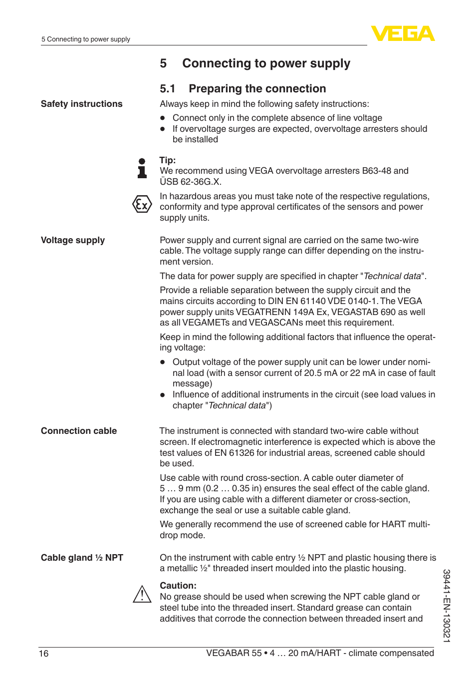 5 connecting to power supply | VEGA VEGABAR 55 4 … 20 mA_HART - climate compensated User Manual | Page 16 / 72