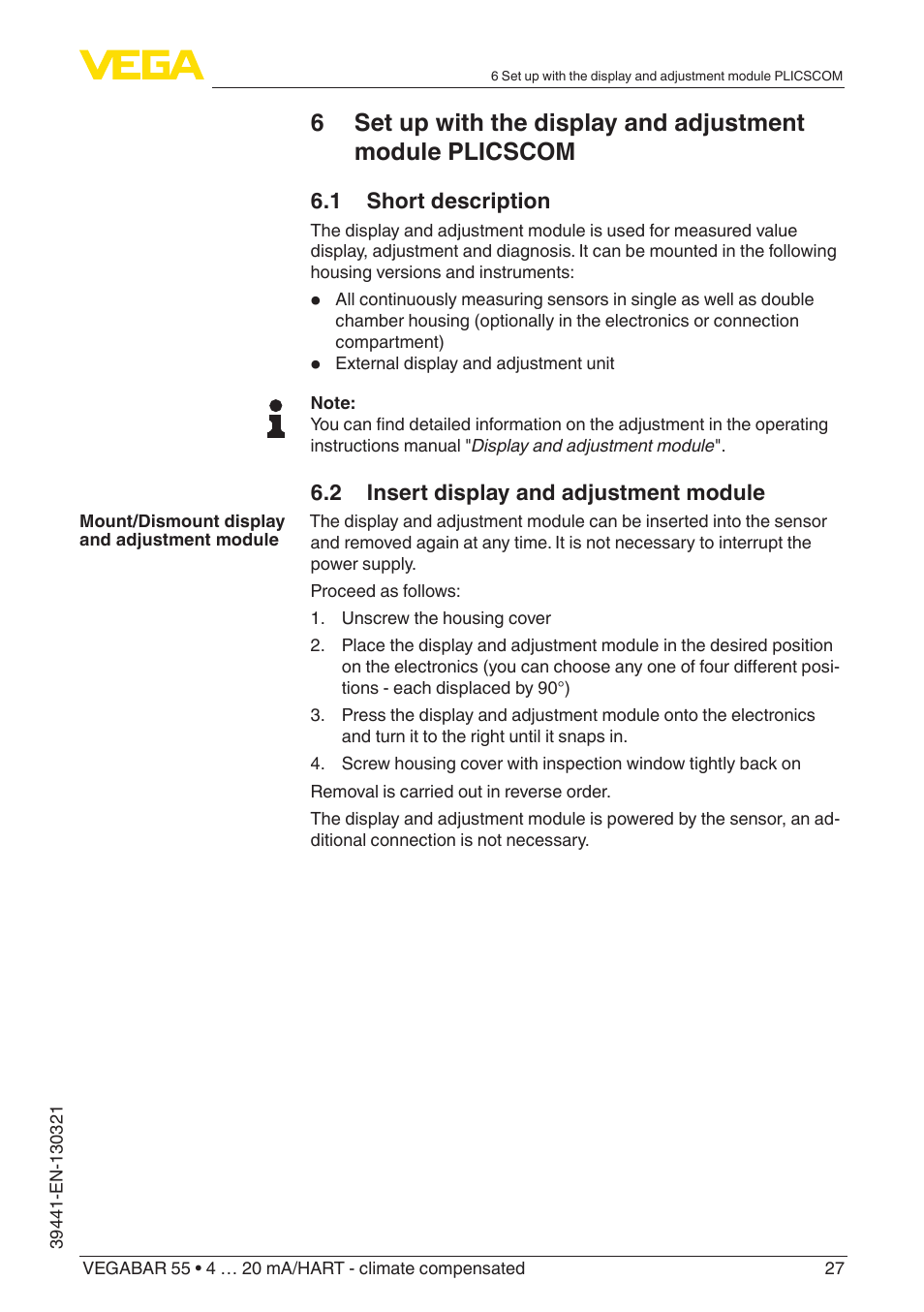 VEGA VEGABAR 55 4 … 20 mA_HART - climate compensated User Manual | Page 27 / 72