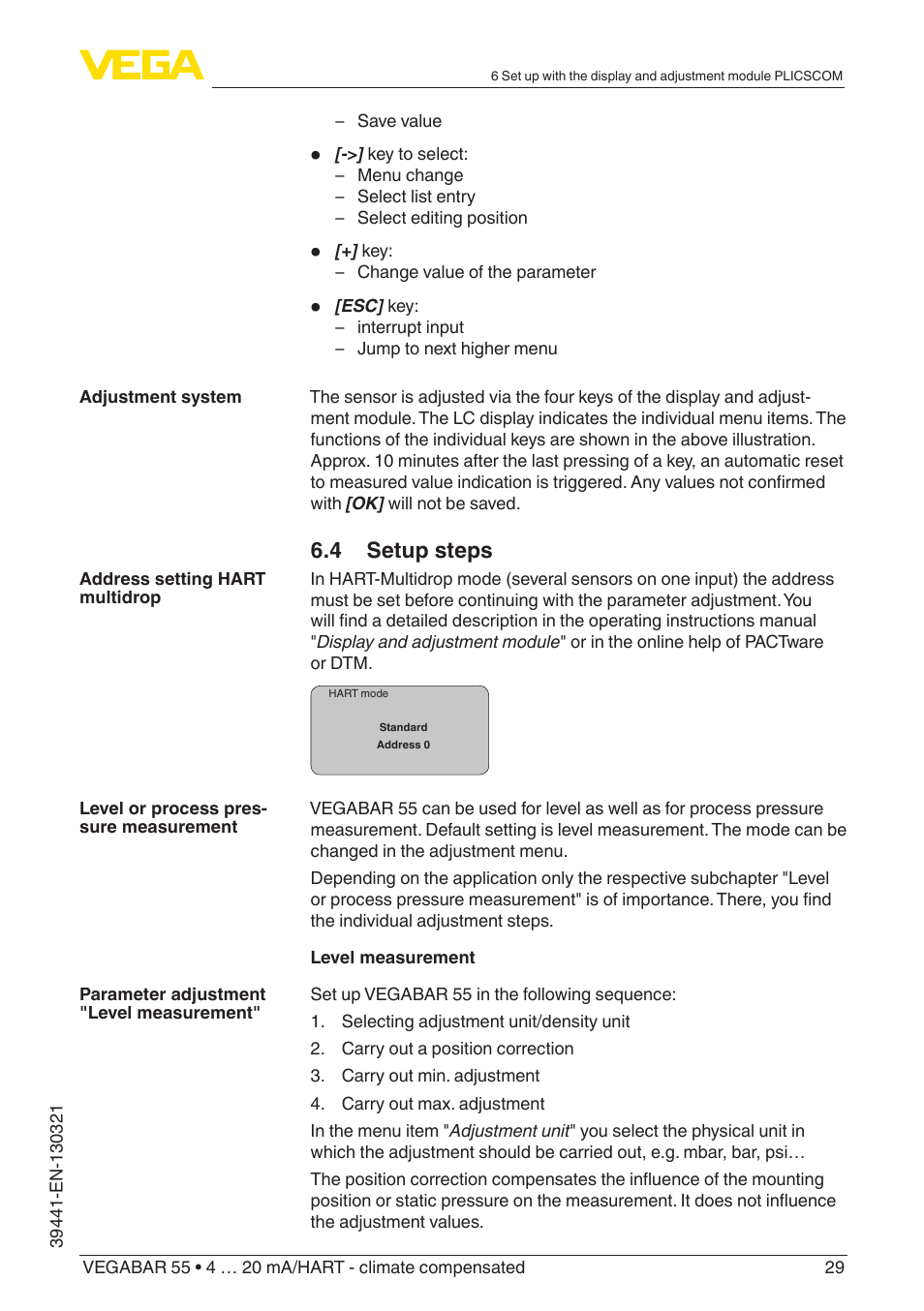 4 setup steps | VEGA VEGABAR 55 4 … 20 mA_HART - climate compensated User Manual | Page 29 / 72