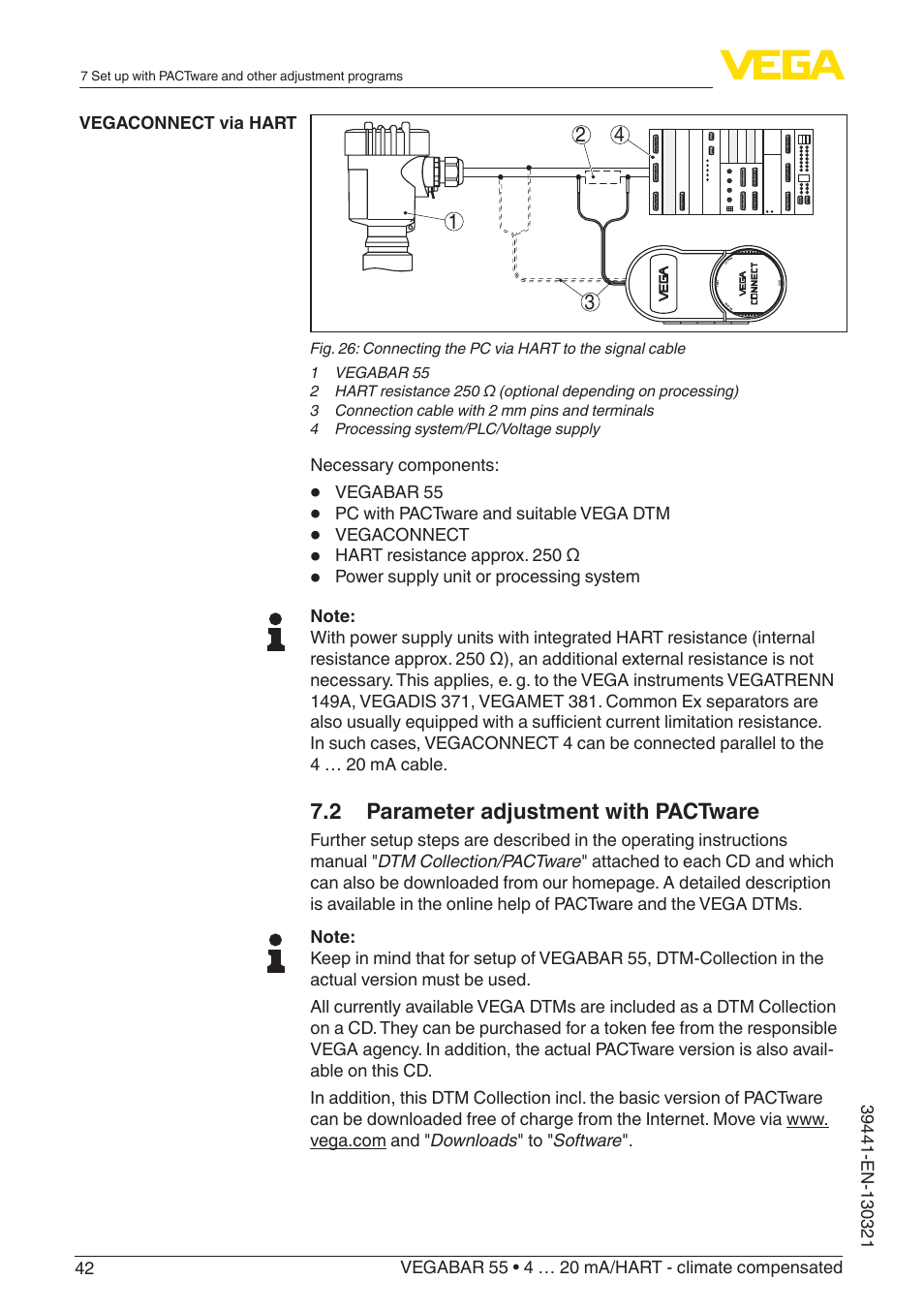 2 parameter adjustment with pactware | VEGA VEGABAR 55 4 … 20 mA_HART - climate compensated User Manual | Page 42 / 72