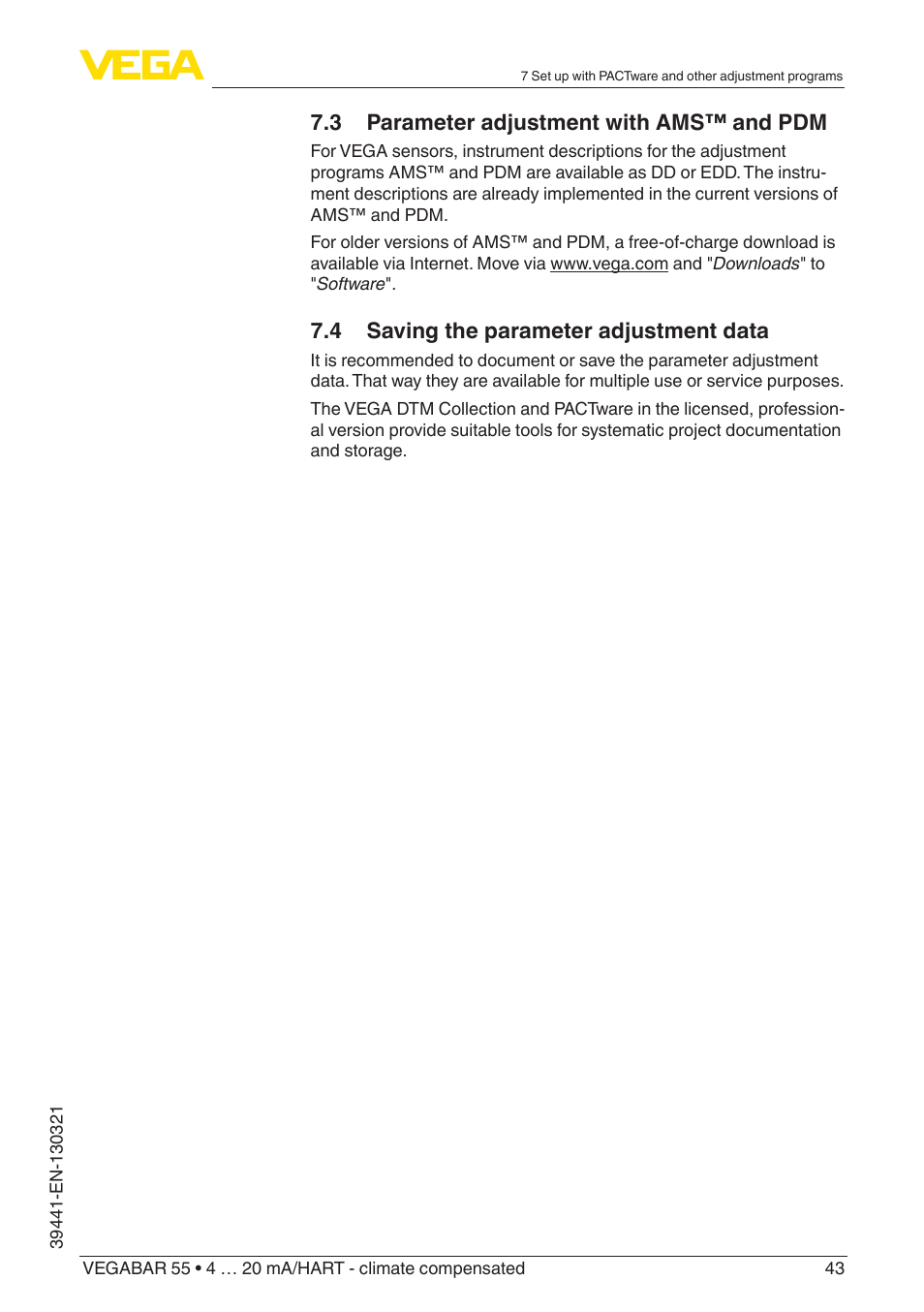 3 parameter adjustment with ams™ and pdm, 4 saving the parameter adjustment data | VEGA VEGABAR 55 4 … 20 mA_HART - climate compensated User Manual | Page 43 / 72