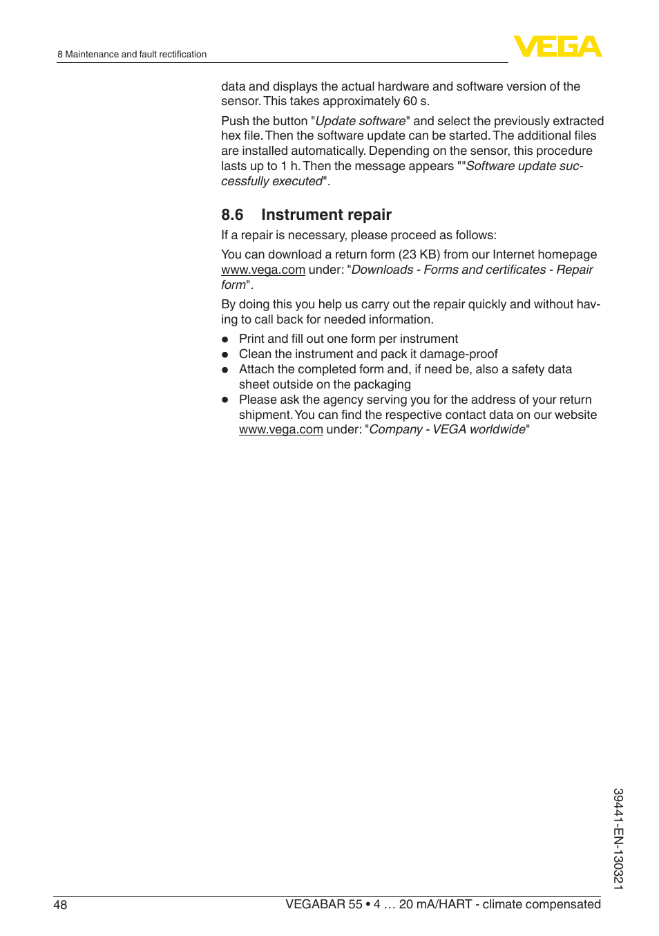 VEGA VEGABAR 55 4 … 20 mA_HART - climate compensated User Manual | Page 48 / 72