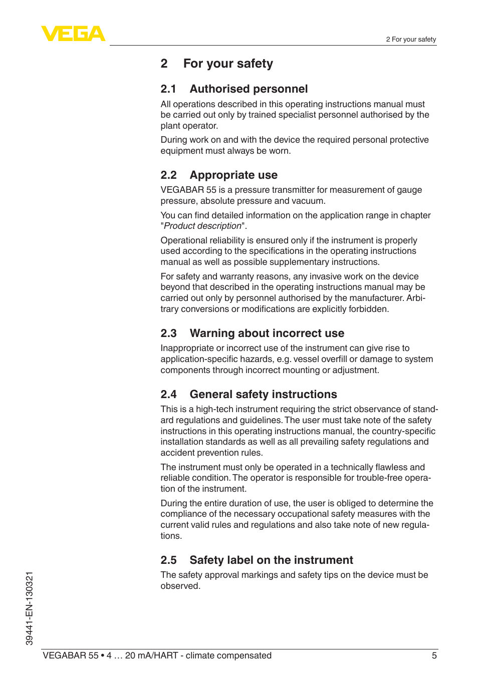 2 for your safety | VEGA VEGABAR 55 4 … 20 mA_HART - climate compensated User Manual | Page 5 / 72