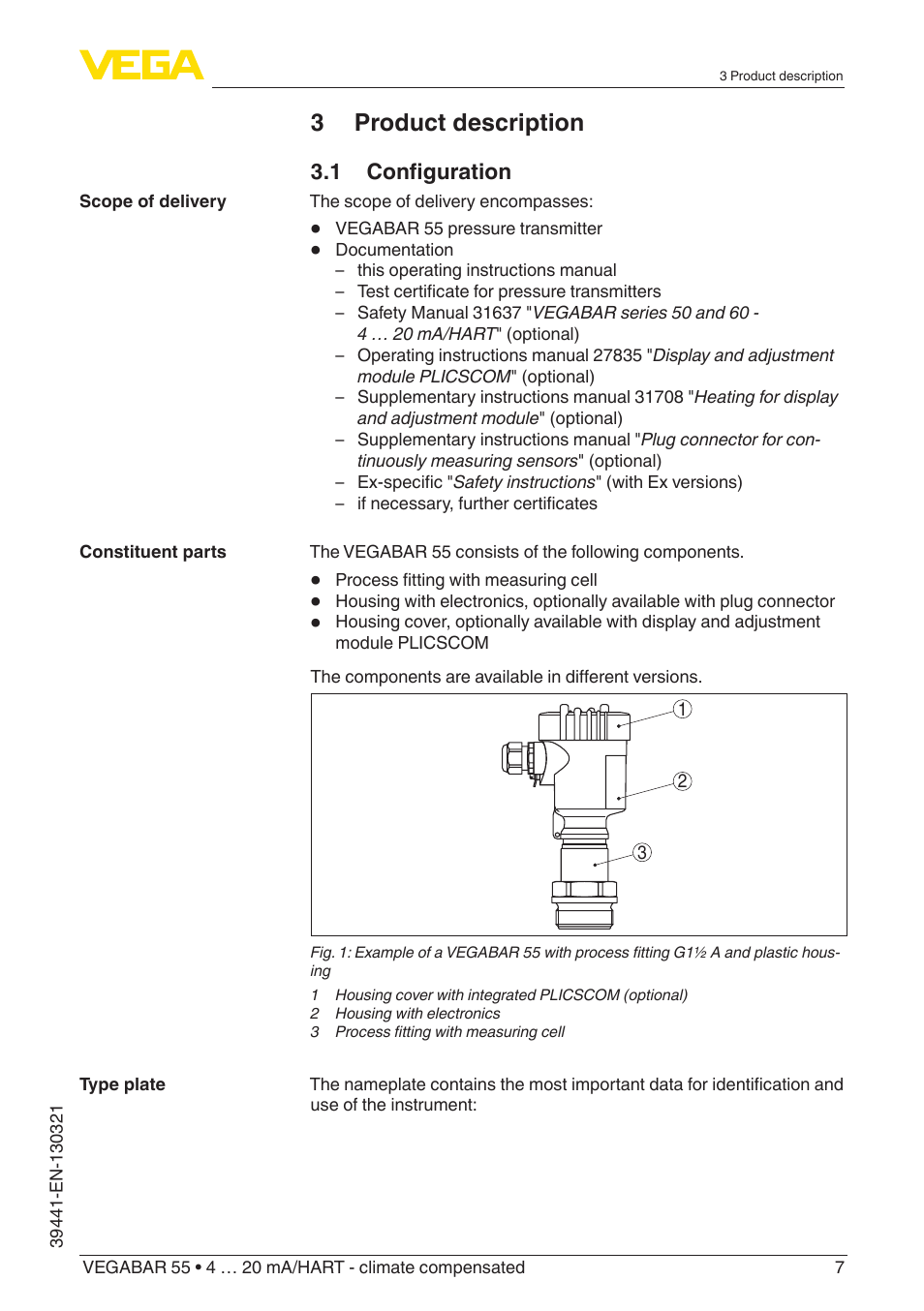 3 product description | VEGA VEGABAR 55 4 … 20 mA_HART - climate compensated User Manual | Page 7 / 72