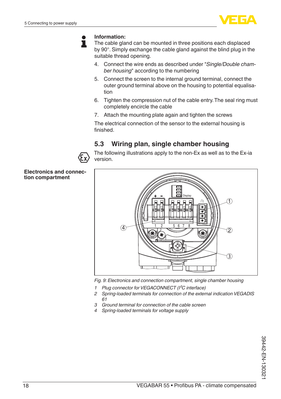 3 wiring plan, single chamber housing | VEGA VEGABAR 55 Profibus PA - climate compensated User Manual | Page 18 / 68