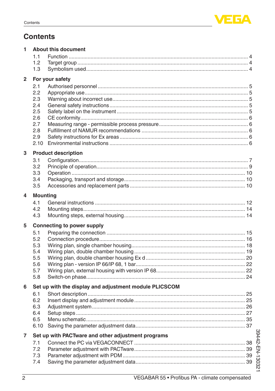 VEGA VEGABAR 55 Profibus PA - climate compensated User Manual | Page 2 / 68