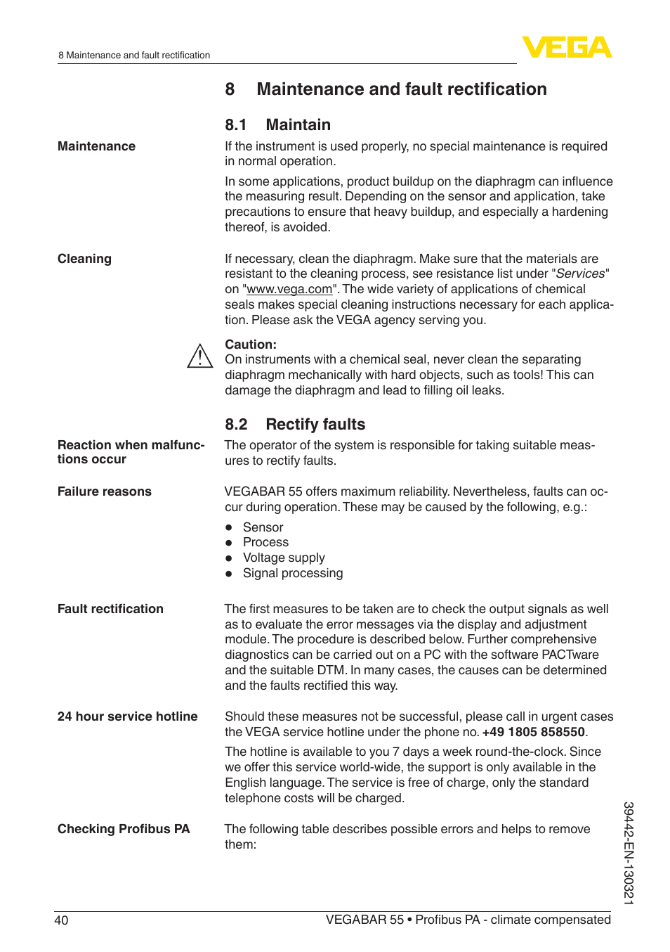 8 maintenance and fault rectification | VEGA VEGABAR 55 Profibus PA - climate compensated User Manual | Page 40 / 68