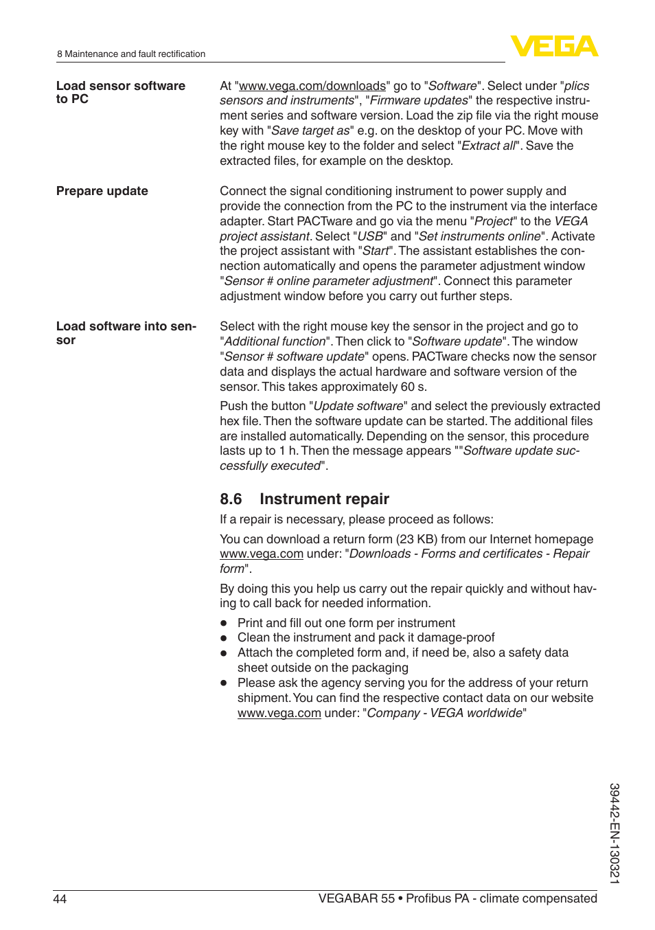 VEGA VEGABAR 55 Profibus PA - climate compensated User Manual | Page 44 / 68