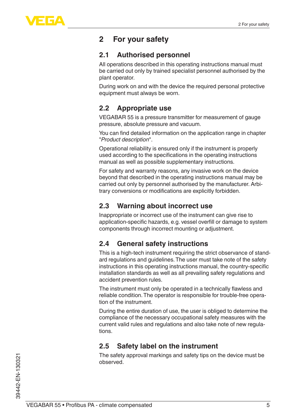 2 for your safety | VEGA VEGABAR 55 Profibus PA - climate compensated User Manual | Page 5 / 68