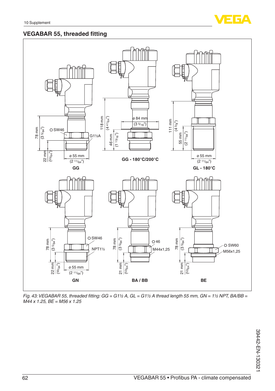 Vegabar 55, threaded fitting | VEGA VEGABAR 55 Profibus PA - climate compensated User Manual | Page 62 / 68