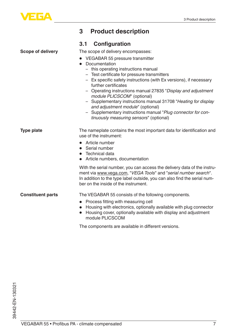 3 product description | VEGA VEGABAR 55 Profibus PA - climate compensated User Manual | Page 7 / 68